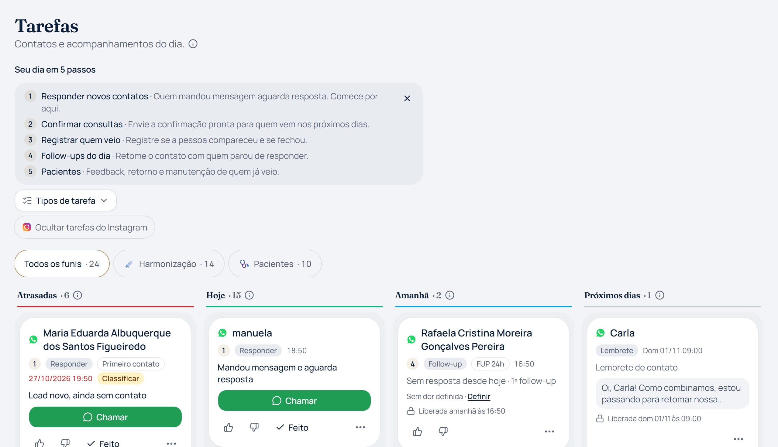 Tela de tarefas do JP CRM com os contatos atrasados, de hoje e de amanhã